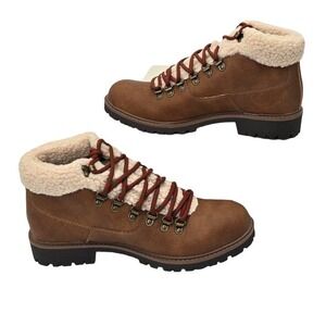 Sun + Stone Glenn Brown Faux Leather Sherpa Trim Memory Foam Boots Mens 9M